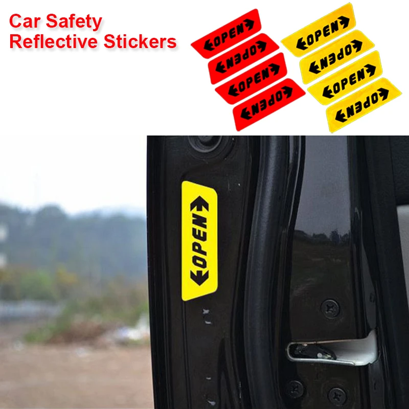 4PCS Universal Car Door OPEN Reflective Stickers Night Safety High Visibility Anti Crash Decals Auto Exterior Protection