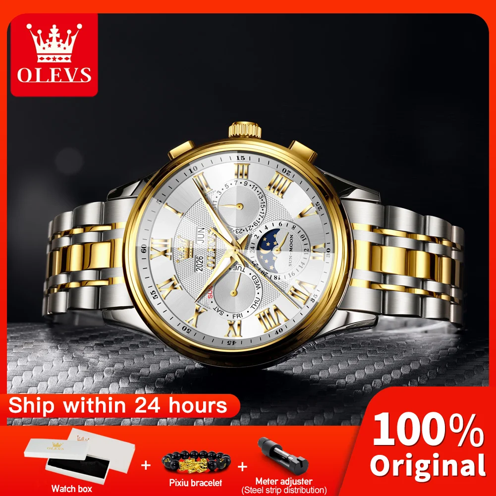 OLEVS 7113 Men Watch Roman Style Mechanical Movement Night-light Function 30m Waterproof Elegance Calendar Subdial Watch For Men