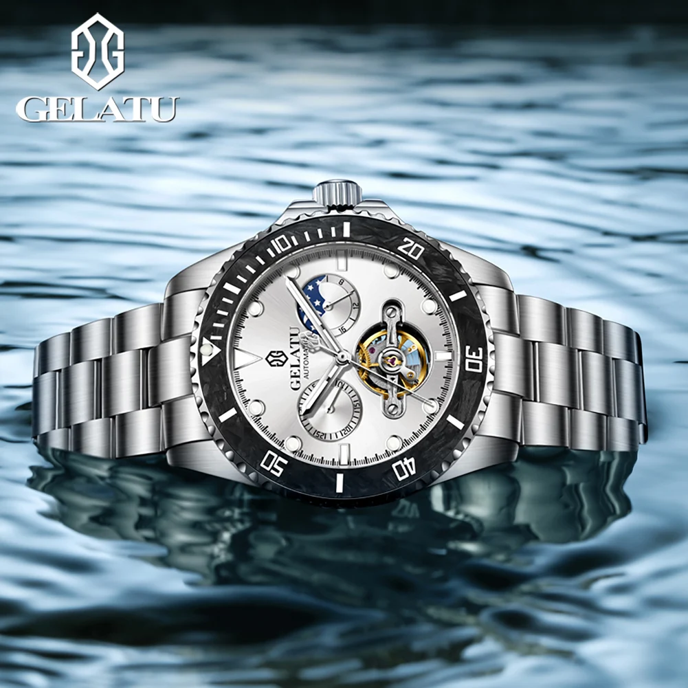 GELATU 6036 Mechanical Skeleton Movement Watch For Men Moon Phase Stainless Steel Diving Chronograph Green Night Light Watch