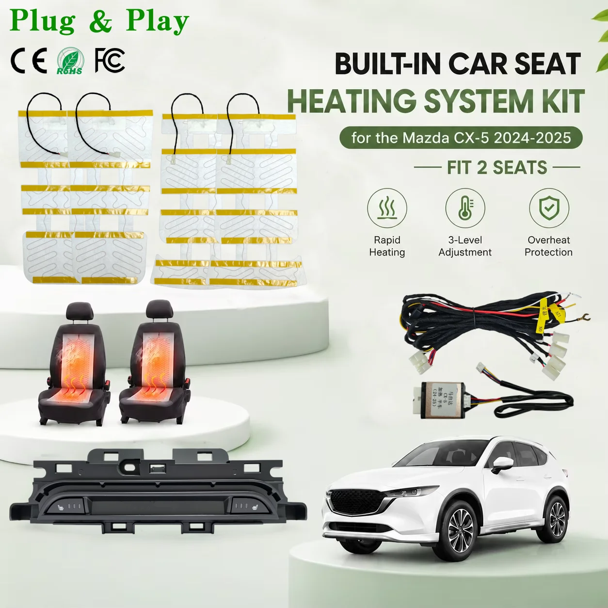 Built In Car Seat Heating System Kit Fit 2 seats, With Dedicated Switches & Heating Pads, Suitable For Mazda CX-5 2024-2025