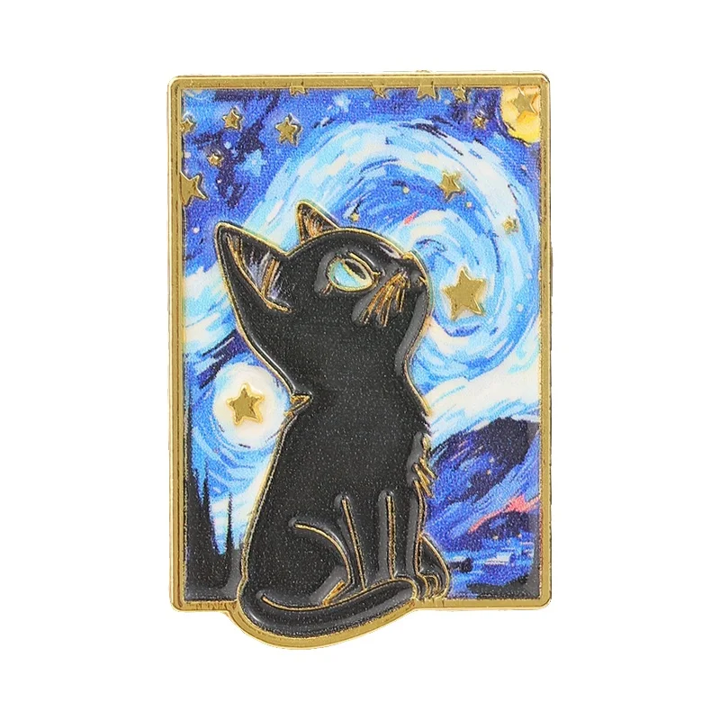 Starry Night Black Cat Badge Enamel Pin Vintage Artistic Oil Painting Swirling Moon Golden Stars Cat Brooch Lapel Badge Jewelry