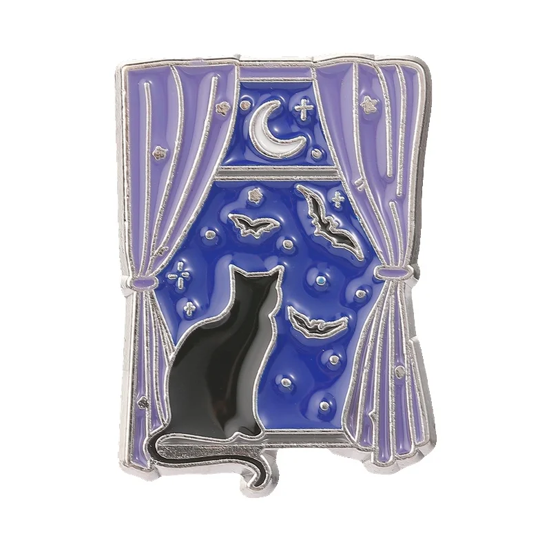 Moonlit Nighyt Window Black Cat & Bats Badge Enamel Pin Gothic Halloween Crescent Moon Stars Brooch Bag Lapel Badge Jewelry Gift