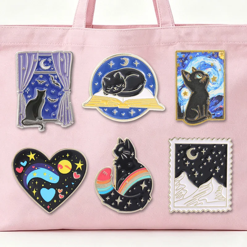 Starry Night Black Cat Series Enamel Badge Moon Star Cat Lapel Pin Backpack Decor Jewelry Gift For Cat Art Lover