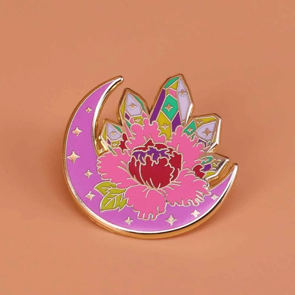 Crystal cluster enamel pin star moon brooch flower badge cute glitter pins pastel art jewelry magical gifts for her