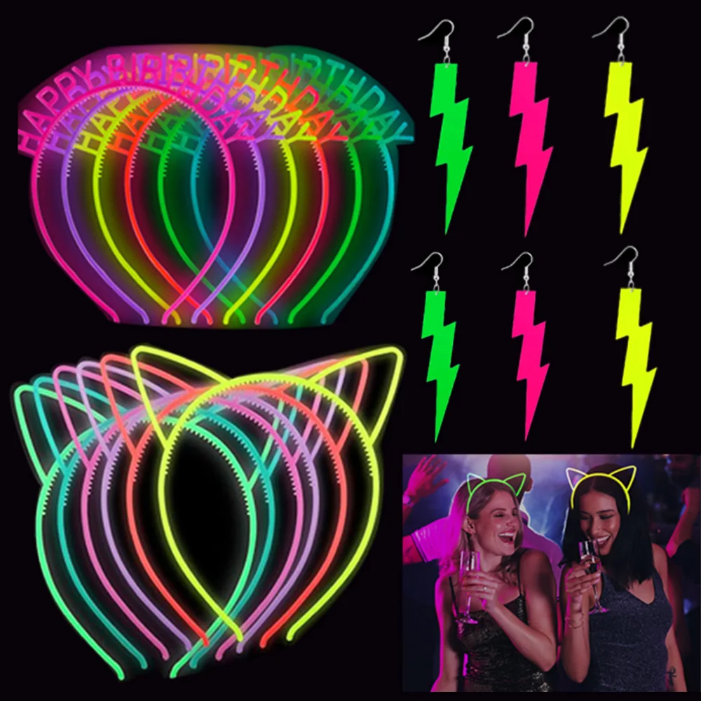 Glow in the Dark Neon Birthday Party Christmas Halloween Plastic Cat Ear Headband Luminous Hair Band Lightning Earrings Decor
