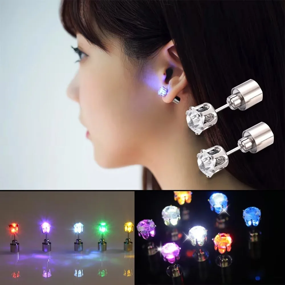 2-100pcs Colorful LED Luminous Studs Square Zircon Earrings Men Women Bar Rave Wedding Party Ear Stud Jewelry Glowing Earring