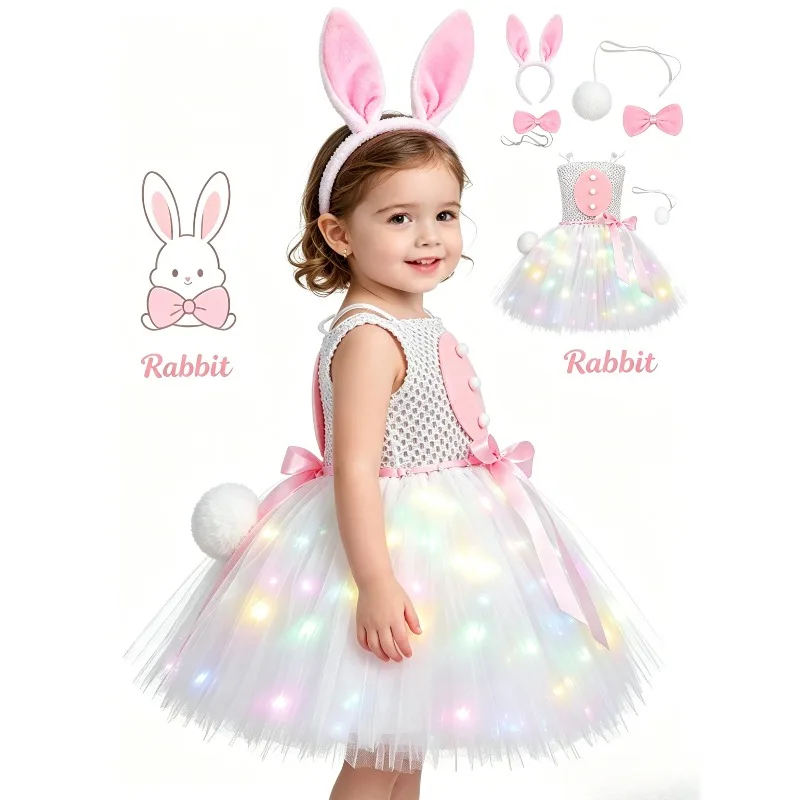 Cute Rabbit Ear Luminous Mesh Tutu Dress Carnival Holiday Birthday Party Outfit Stage Performance Cosplay Festive Costume