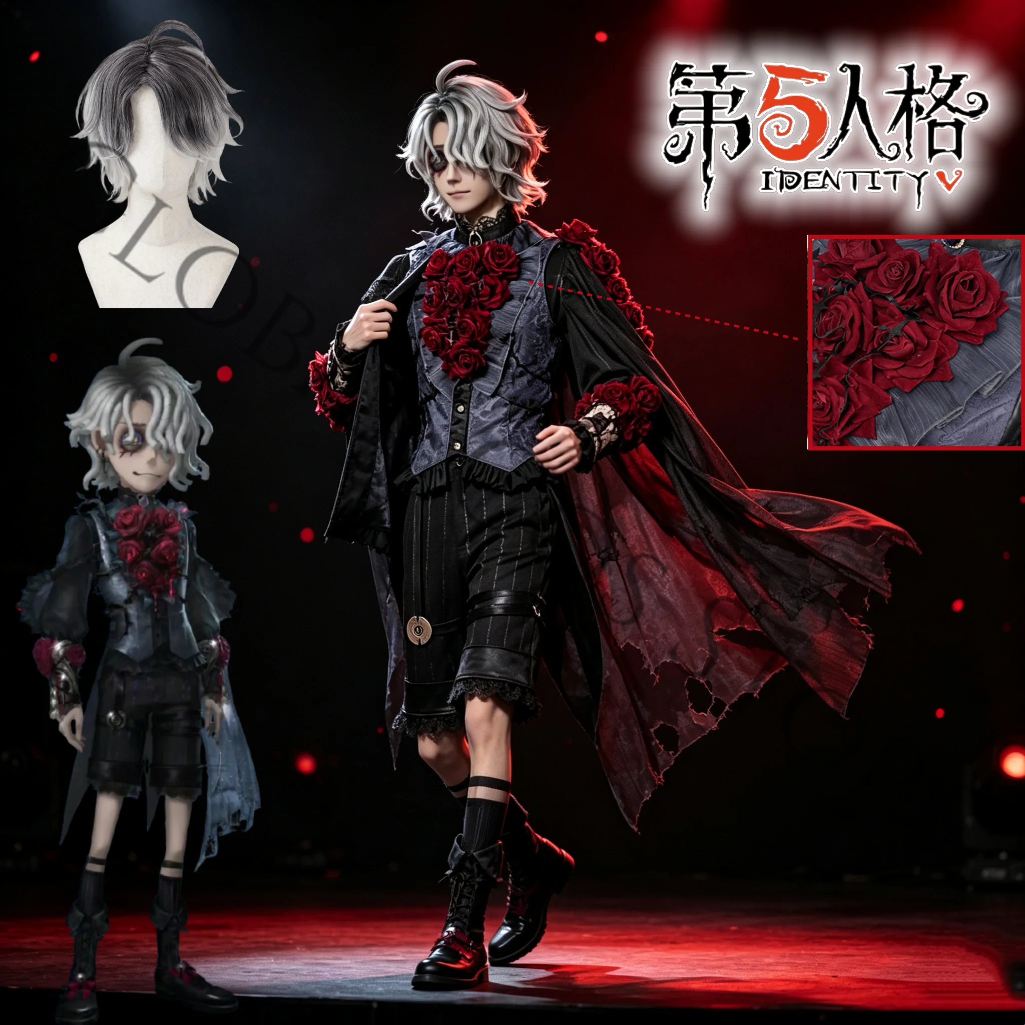 Game Identity V Patient Emil Cosplay Costume Wig Black Red Rose Gothic Unifrom Accessories for Halloween Stage Performance