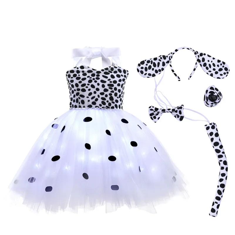 Black white Spotted Puppy Girls Animal Halloween Cosplay LED Dresses Dalmatian Dog Costumes Children Birthday Party Outfits 10T