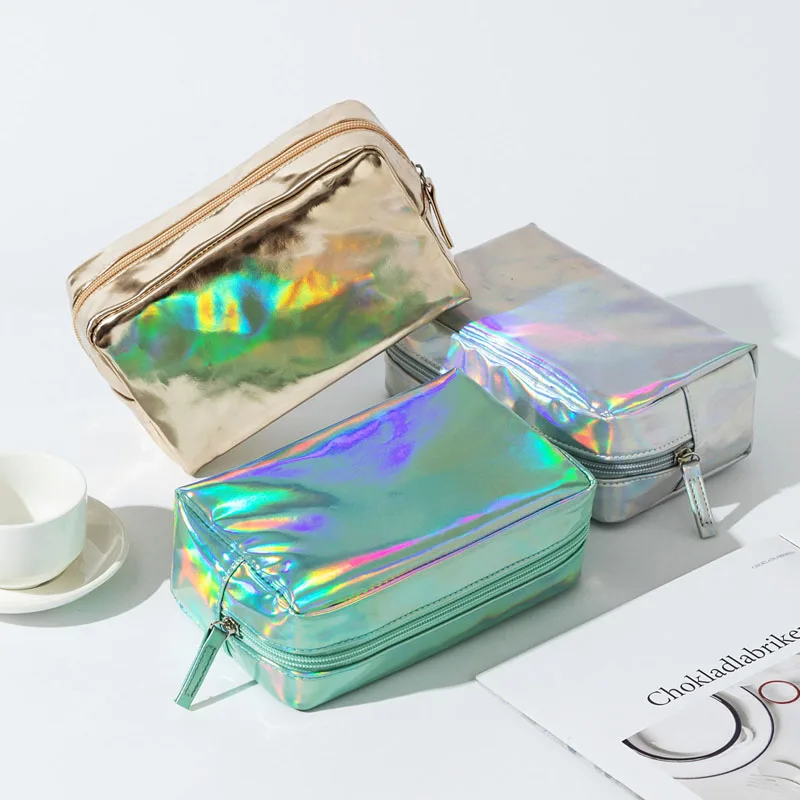 Iridescent Fashionable Holographic Laser PU Cosmetic Bag  Large Capacity Hand Holding Washing Toiletry Storage