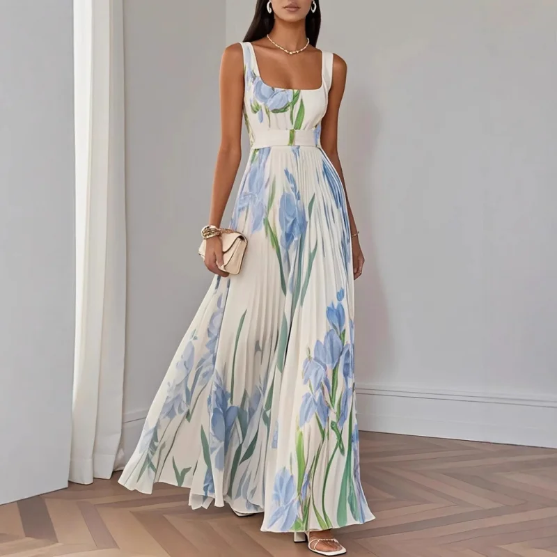 Hot Sale Women High Waist Pleated Maxi Dress Square Neck Sleeveless Floral Digital Print Strap Summer Beach Vacation Long Dresse