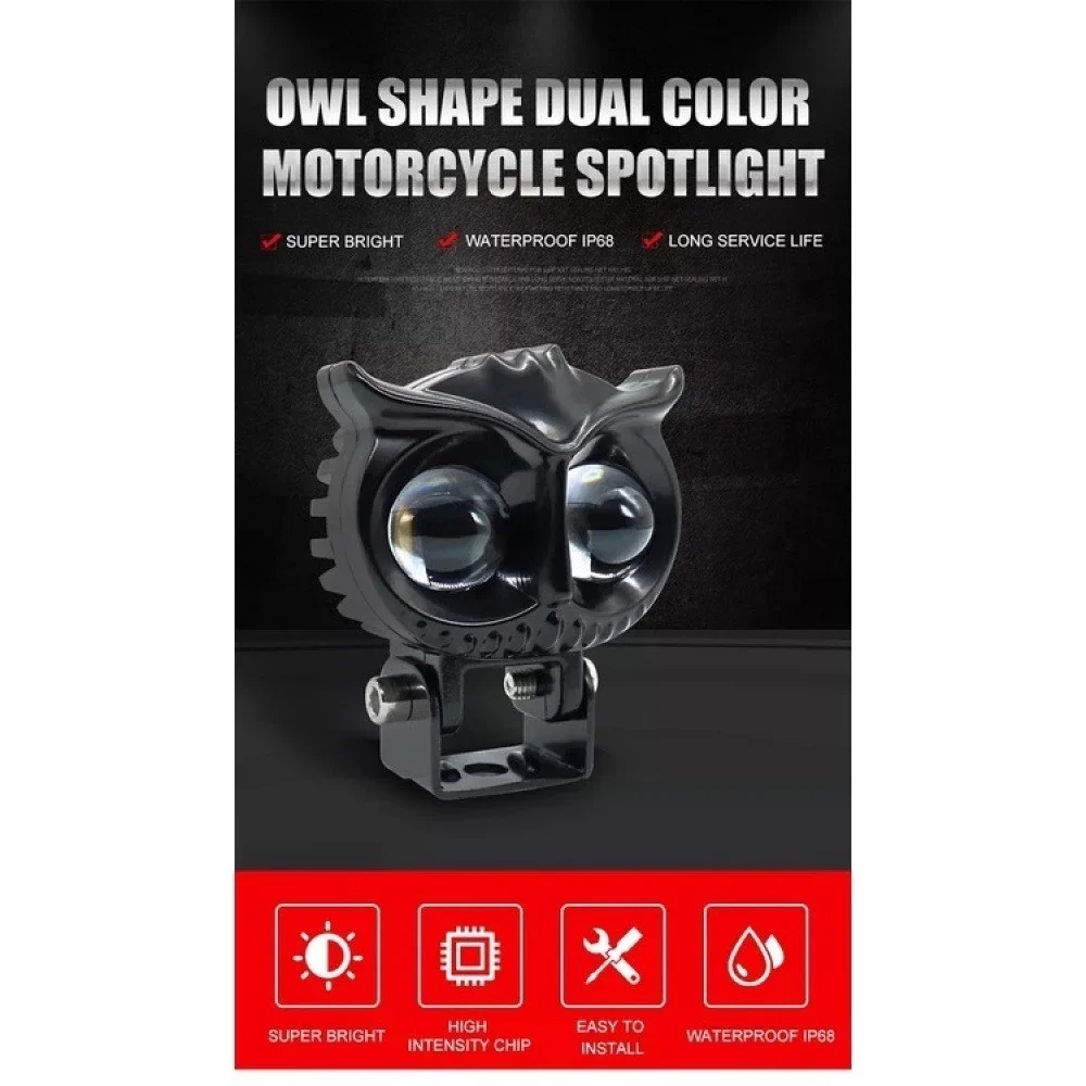 1Pcs Owl Shape Motorcycle LED Headlight 2 Modes White Yellow Auxiliary Spotlight for Motorbike Scooter ATV Offroad