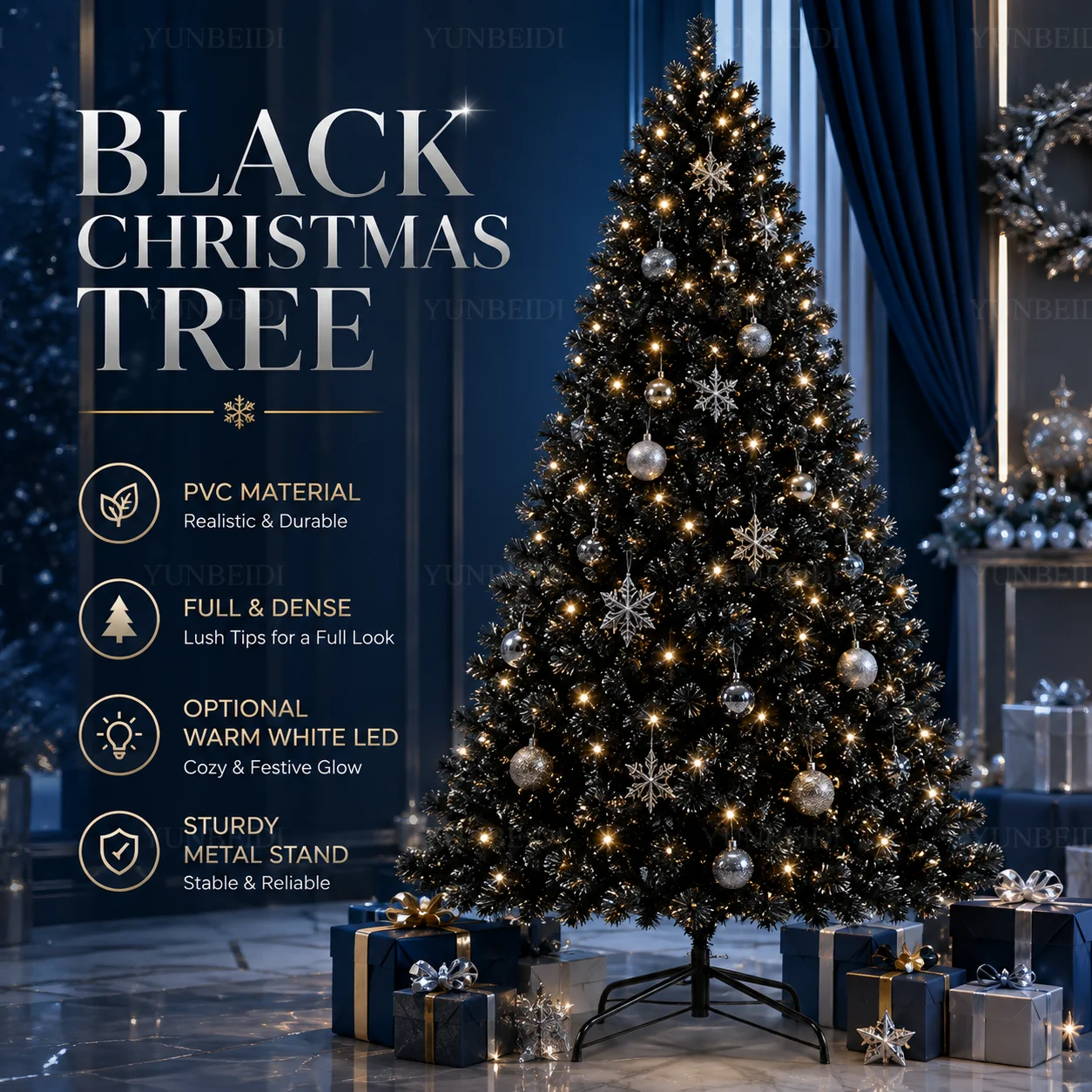 Black Christmas Tree Artificial PVC Xmas Tree With Warm White LED Lights Full Shape Holiday Home Decoration Indoor Outdoor Decor