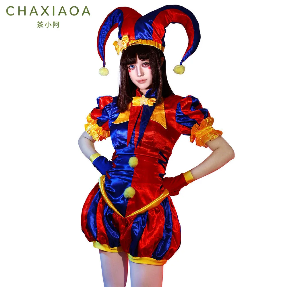 Hot The Amazing Digital Circus Pomni Cosplay Costume Women Jester Clown Bodysuit Set Halloween Carnival Stage Fancy Dress Outfit