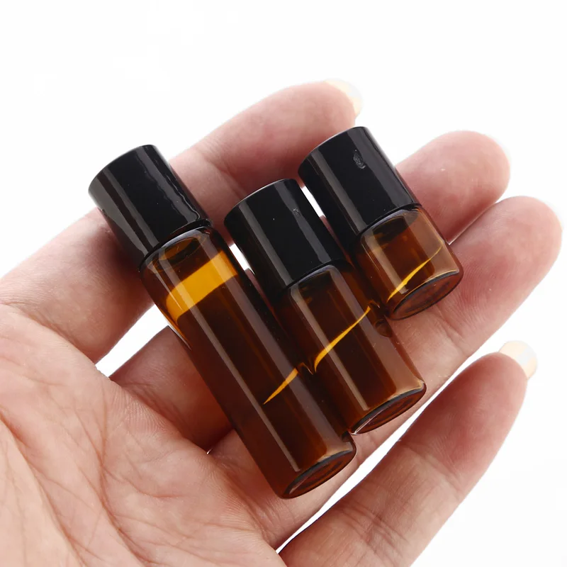 100pcs 1ml 2ml 3ml 5ml Amber Glass Perfume Bottles With Roll On Empty Cosmetic Essential Oil Vial For Traveler With Steel Ball