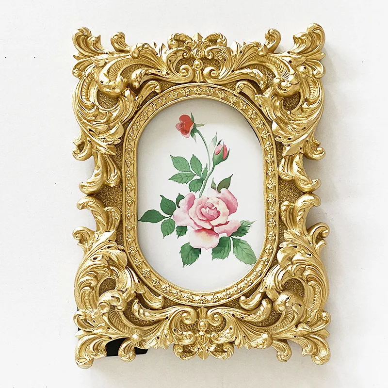 Golden Embossed Resin Picture Frame Holder Table Decoration Vintage Rectangle Photo Frame Wall Hanging Home Decor, Paper Random