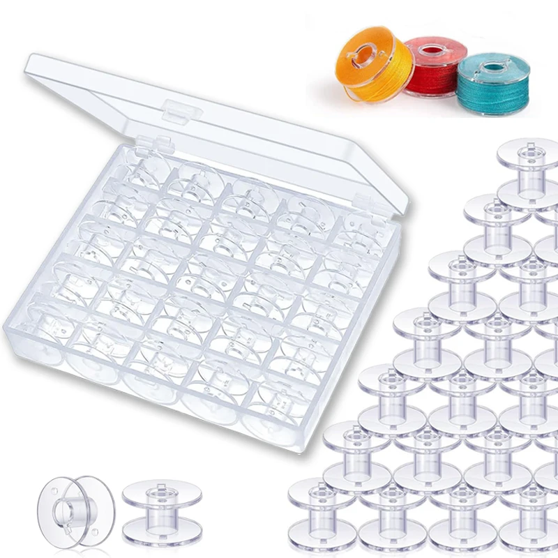 25pcs Home Sewing Machine Bottom Thread Bobbin Set Sewing Accessories Clear Plastic Spools with Storage Box for Brother Janome