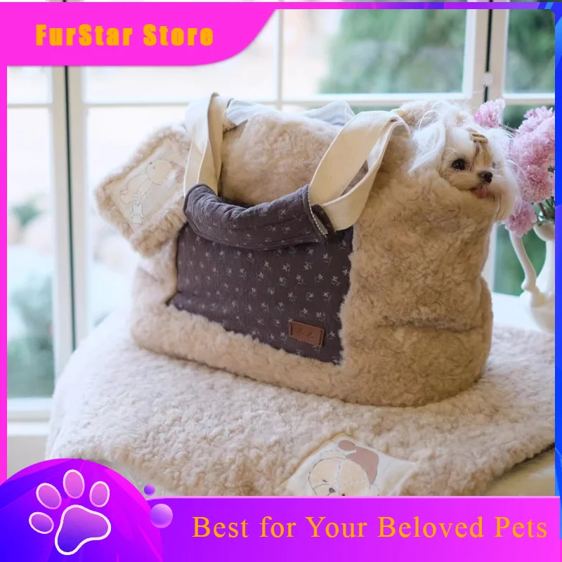 FurStarDouble Head Pet Carrier Bag Warm Fluffy Shoulder Handbag For Small Dogs Teddy Yorkie In Winter