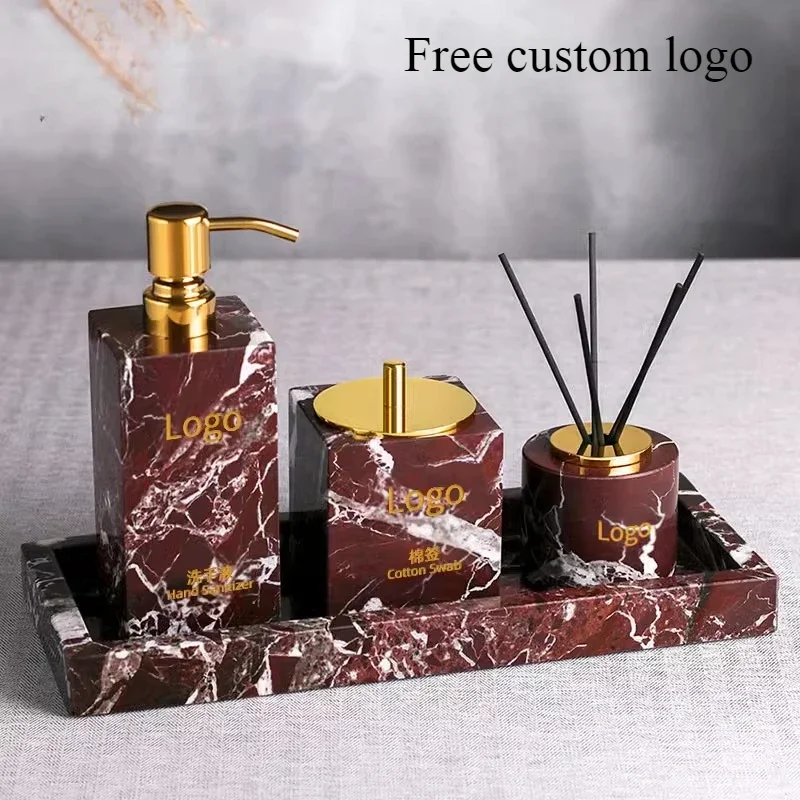 Natural Purple Red Marble Bathroom Shampoo Bottle Toothbrush Holder Cotton Swab Jar Tissue Box Marble Tray Bathroom Accessories