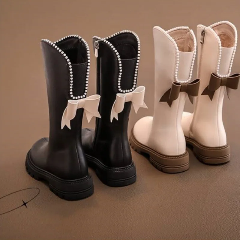 Long Boots for Girls and Children 2024 New Winter Long Leather Boots Princess Foreign Girls Plus Cashmere Shoes