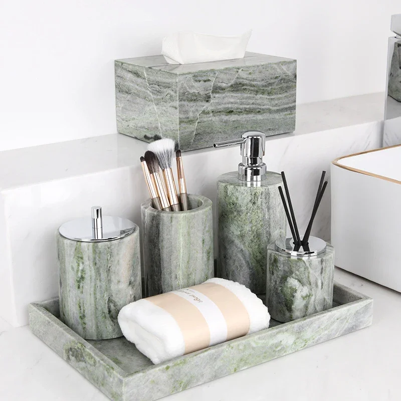 Emerald Green Natural Marble Bathroom Set Luxury Soap Dish Cotton Swabs Jar Reed Diffuser Vanity Tray Bathroom Accessories