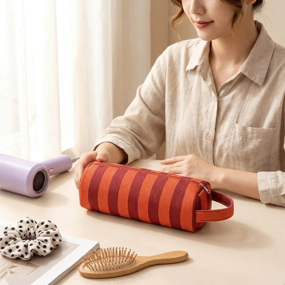 Large Capacity Hair Dryer Storage Bag Dustproof Stripe Design Hair Tool Organizer Pouch Lightweight Multi-Functional Makeup Bag