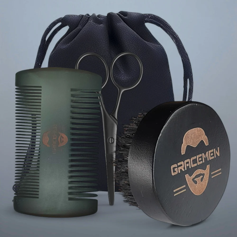 Gracemen 4 in 1 Beard Grooming Kit: Boar Bristle Brush, Double Sided Wooden Comb & Travel Pouch | Men's Beard Care Set