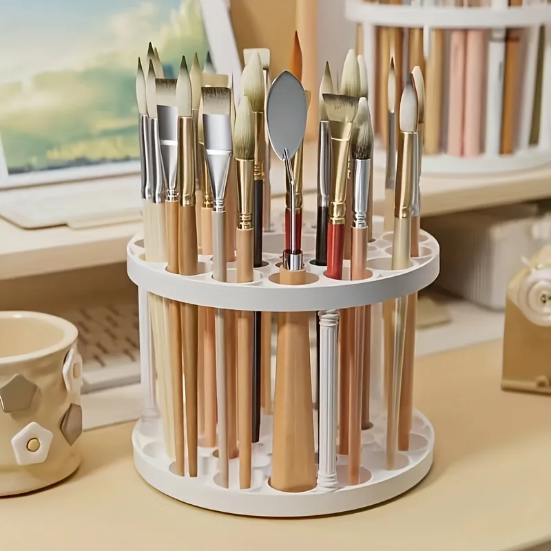 3PCS 360° Rotating Brush Holder - White Plastic Organizer with Glaze Finish, Art Brushes, Pens, Makeup Tools