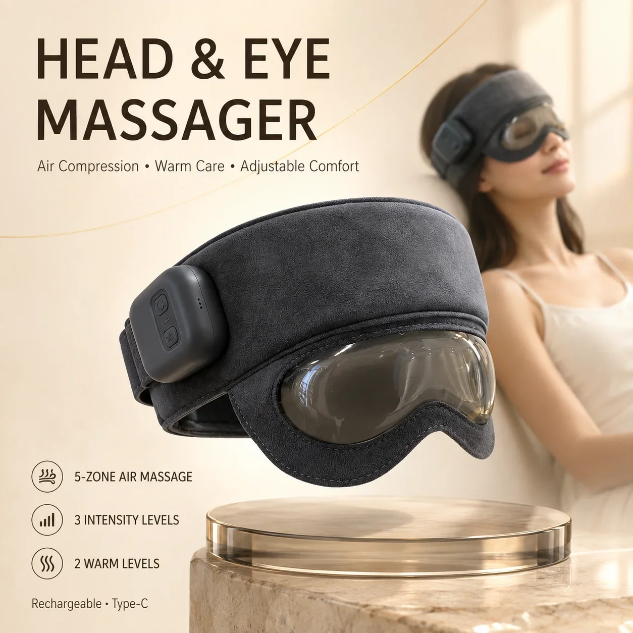 Head Massager 5-Zone Air Compression Heated Eye Mask Head Massage 3 Levels Type-C Rechargeable 1200mAh 10 Min Home Office Travel