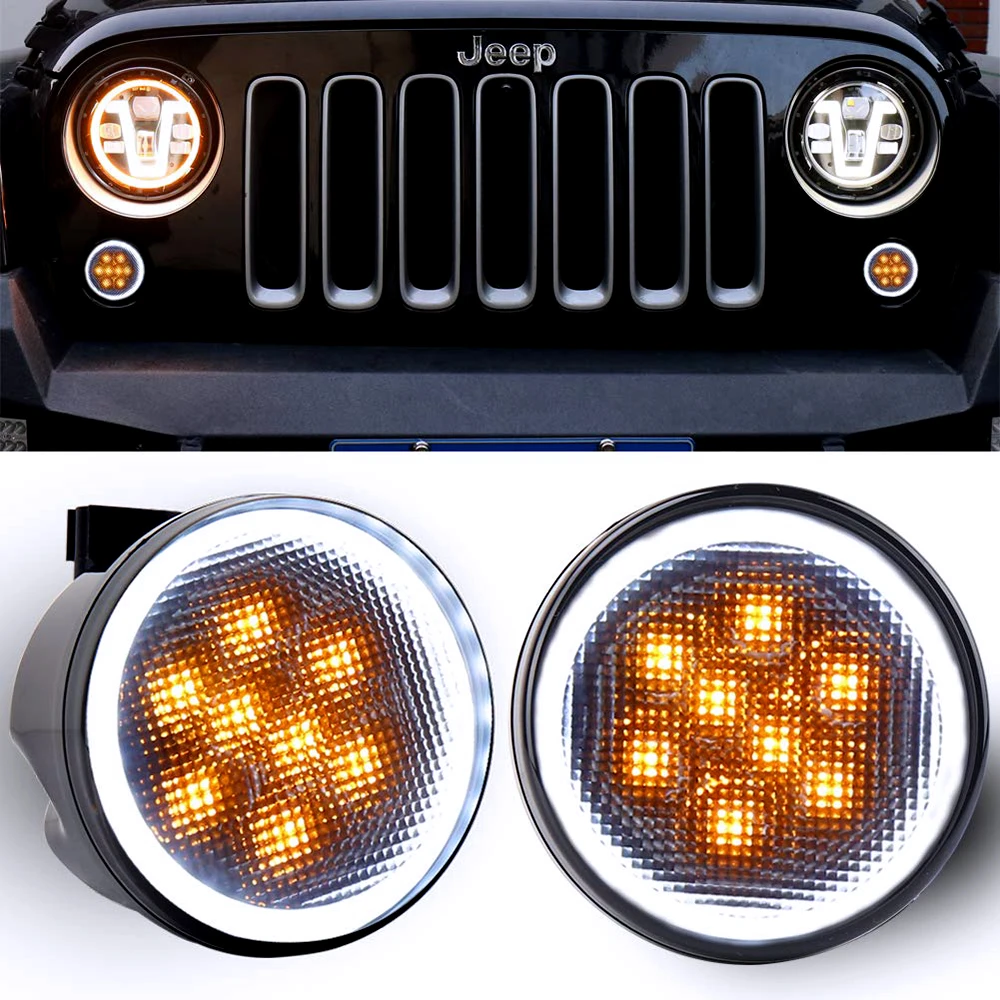 POVTOR Front LED Turn Signal Light Assembly with White Halo Smoke Lens for 2007-2017 Jeep Wrangler JK
