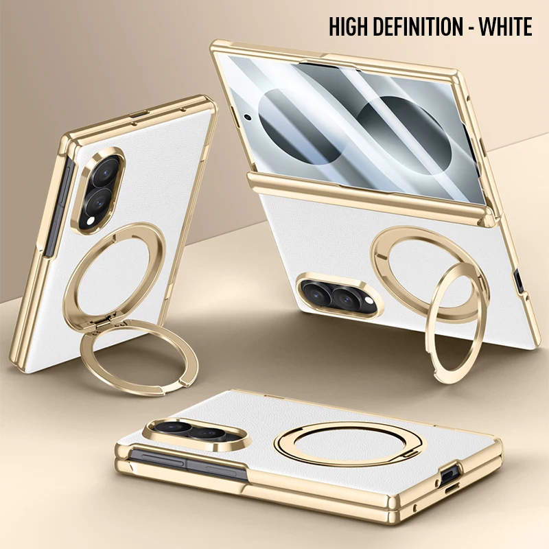 For Samsung Galaxy Z Fold 8 Wide 5G Case Matte Leather Hinge Rotating Bracket Magnetic Wireless Charging With Mirror Film Cover