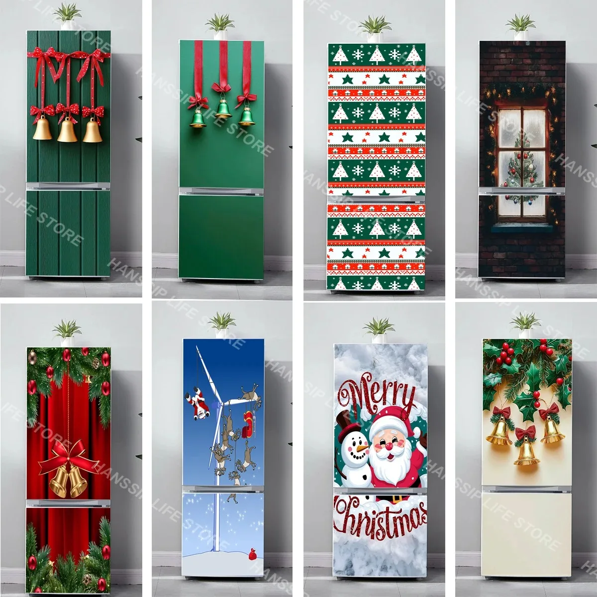 Christmas Bell Tree Snowman Fridge Door Sticker Waterproof PVC Refrigerator Mural Wallpaper for Kitchen Decoration
