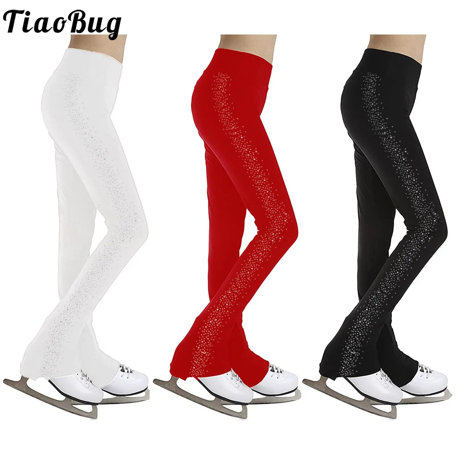 Kids Boys Girls Figure Skating Pants Elastic Waistband Rhinestones Tights Leggings Teen Ice Skating Gymnastics Practice Trousers