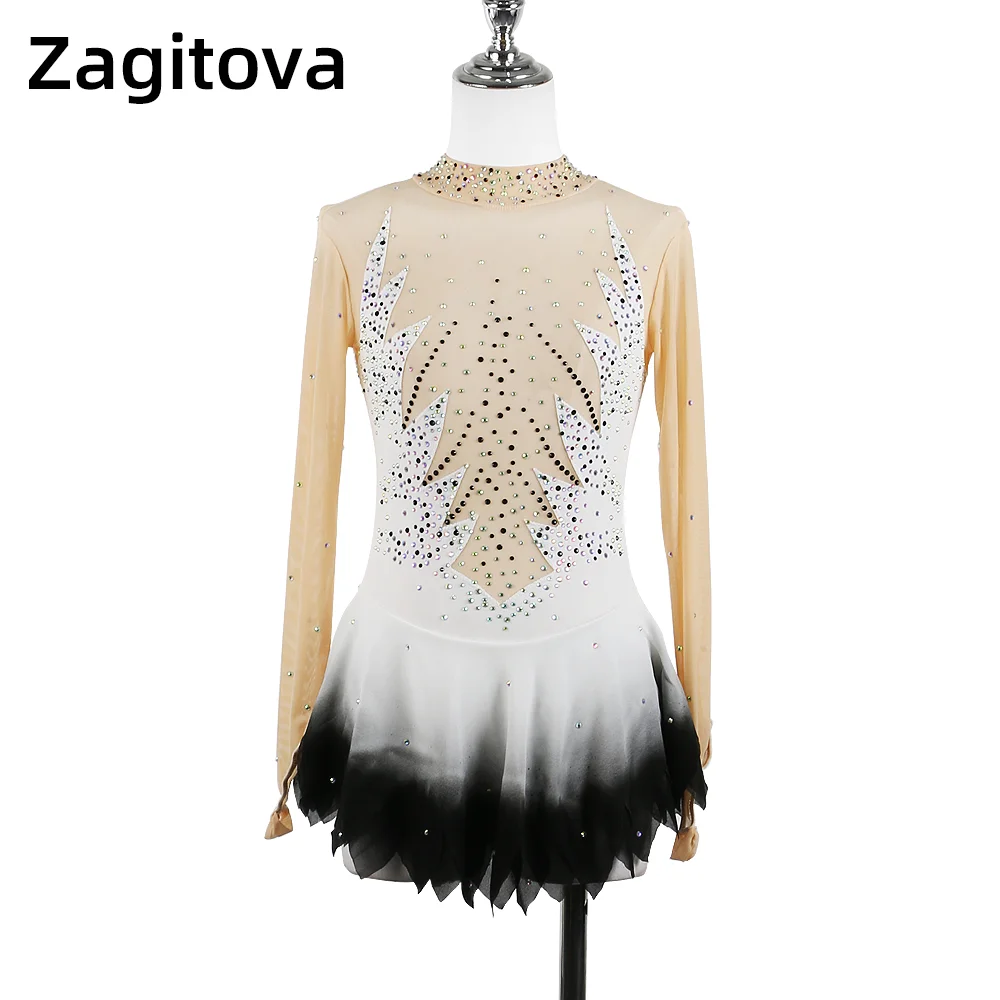 Zagitova Figure Skating Dress Women Girls Ice Skating Skirt Long Sleeve White Black Gradient Diamonds Mesh Skirt Gymnastics