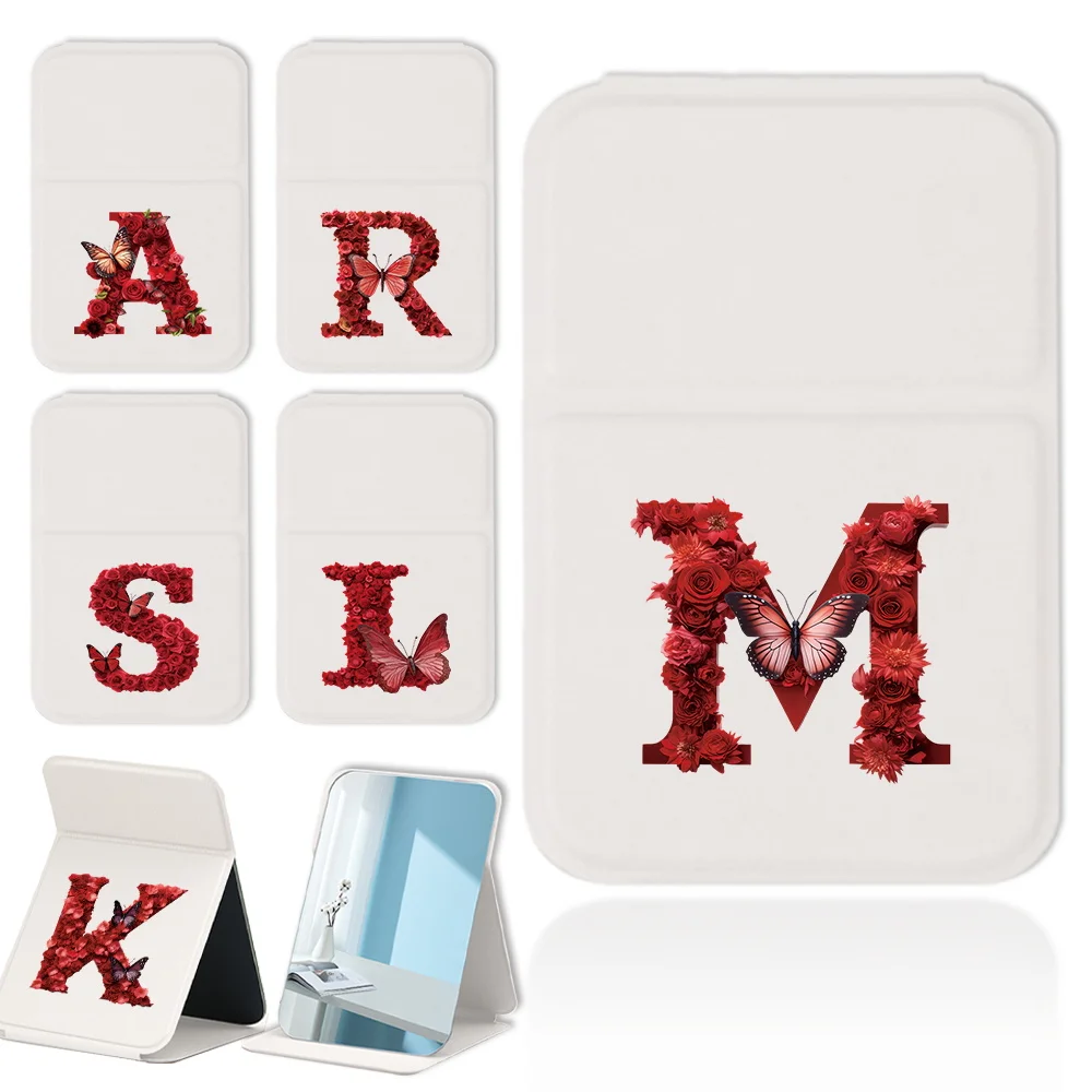 PU Desktop Stand Mirror Women's Outdoor Cosmetic Mirror Portable Beauty Tools Initial Name Red Rose 26 Letters Pattern