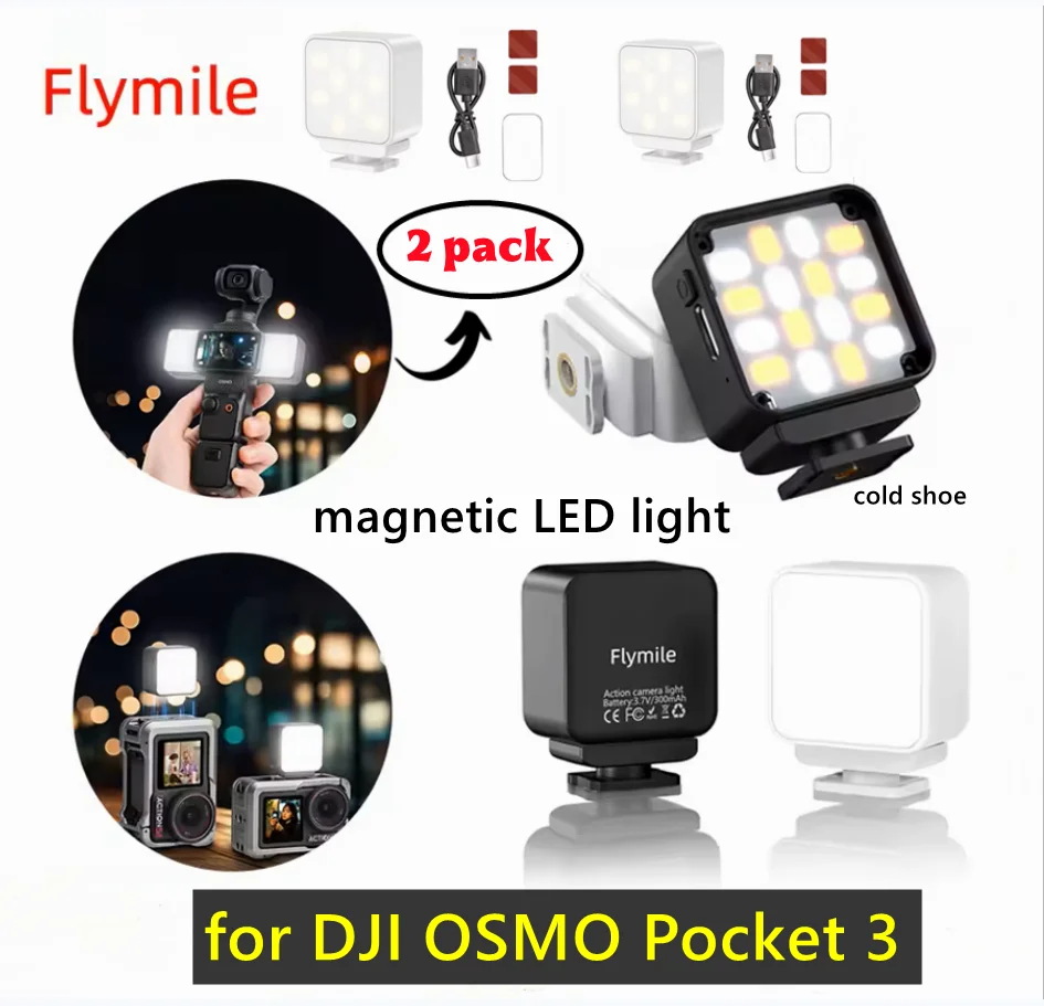 Flymile Camera Fill Light For DJI Pocket 3 Portable Magnetic LED Video Light With Cold Shoe+1/4 Screw Hole,Expandable Adapter