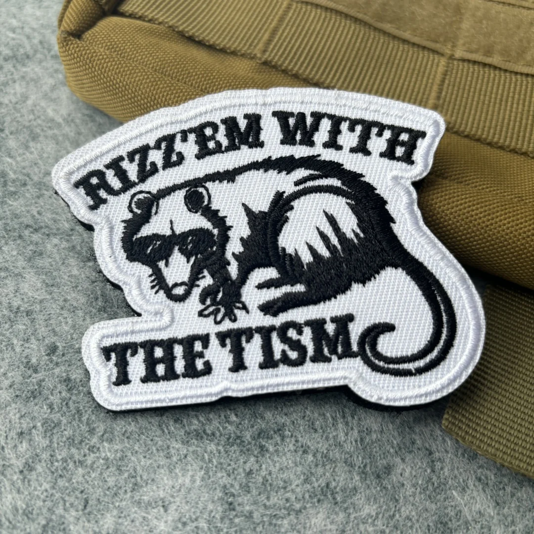 Rizz 'Em with the Tism Embroidered Patches Cartoon Possum Hook&Loop Patch Armband Military Morale Badge Backpack Clothes Sticker