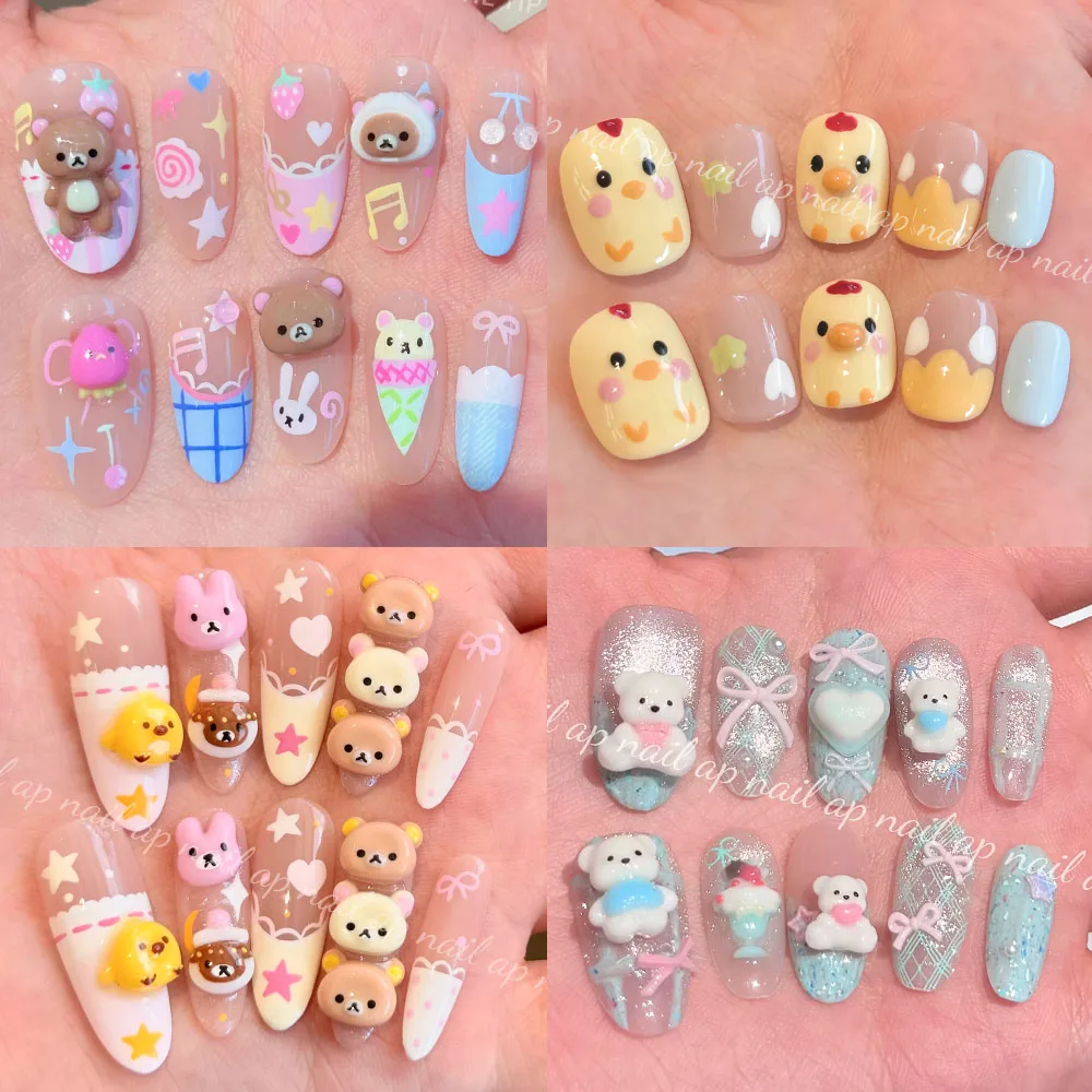 Cute Childlike Fun 3D Rilakkuma Glitter Almond Nail Patch Bowknot Hand-Drawn Star Chicken Strawberry Nail Art Party Stickers