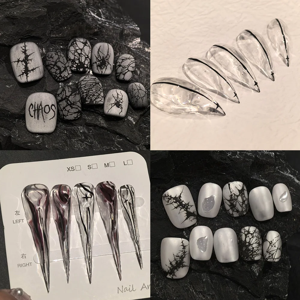 Dark Punk Cool Short Round Nail Art Hand-Drawn Black Thorns Glitter Spider Nail Patch Long Dragon Claws Fake Nail Party Stickers