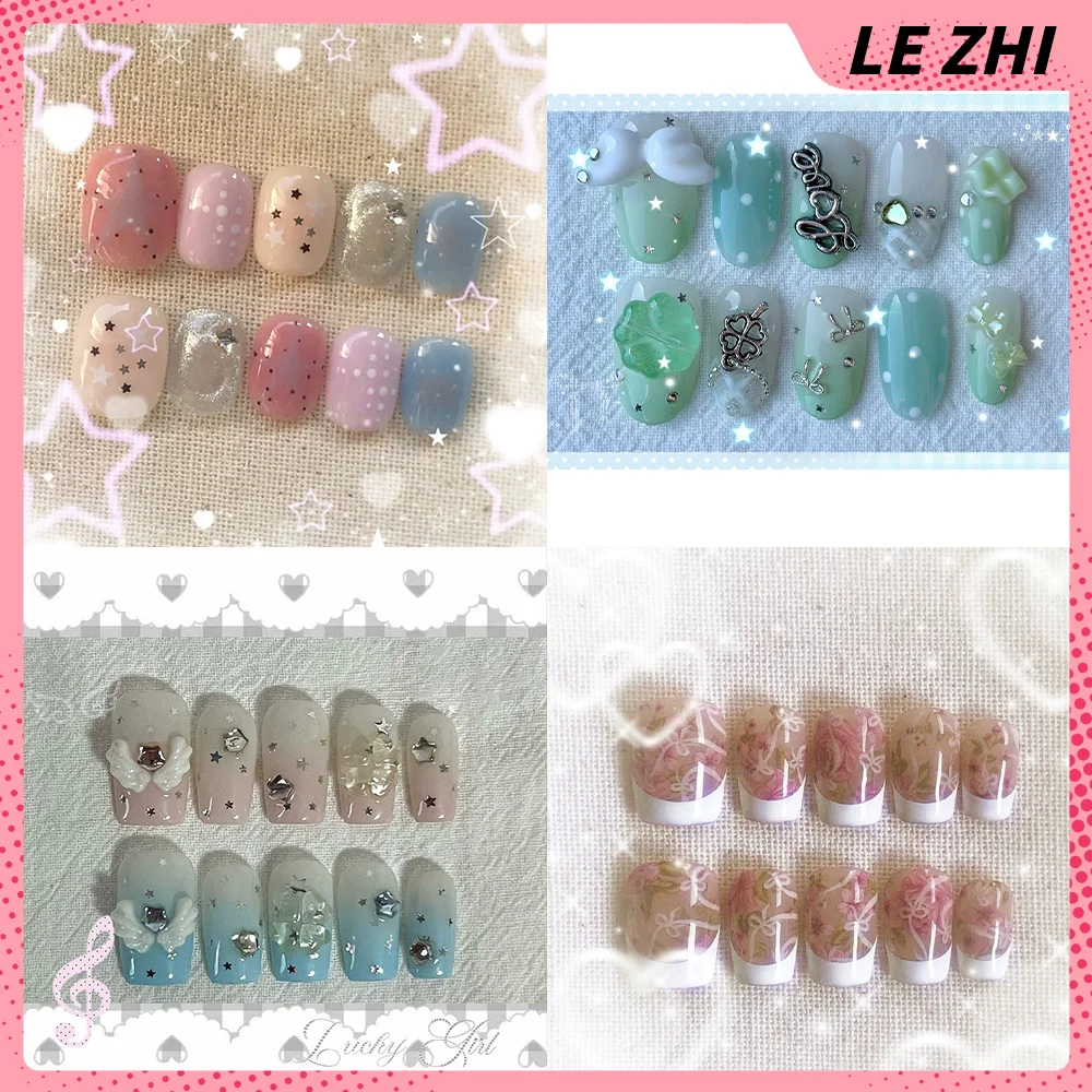 Y2K Retro Korean-Style Star Diamond Dot Bowknot Short Nail Art 3D Wings Four-Leaf Clover Vortex Nail Patch Hand Accessories Gift