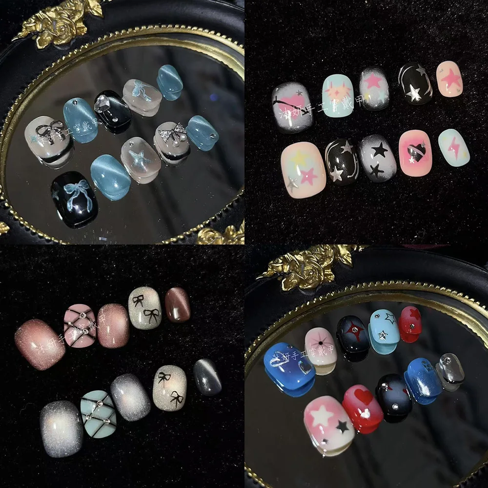 Y2K Retro Black Pink Hand-Drawn Love Star Short Round Fake Nail Bowknot Flower Diamond Plaid Pattern Nail Patch Hand Accessories