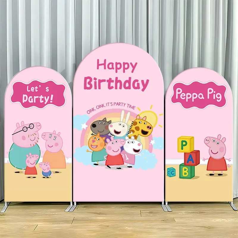 2D Flat Arch Backdrop Cover Single Layer Non-Stretch Fabric Peppa Pig Birthday Party Set with Character Scenes and Happy Message