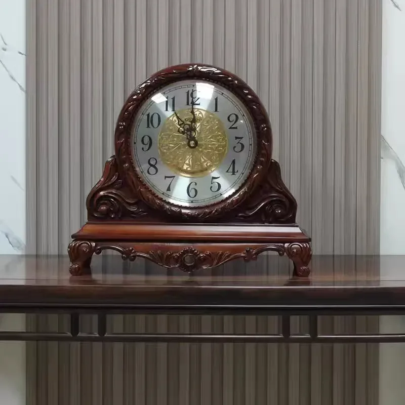 Jinzhongbao Solid Wood Clock Retro Silent Quartz Table Clock for Living Room Desktop Home Decor Hour Timepiece