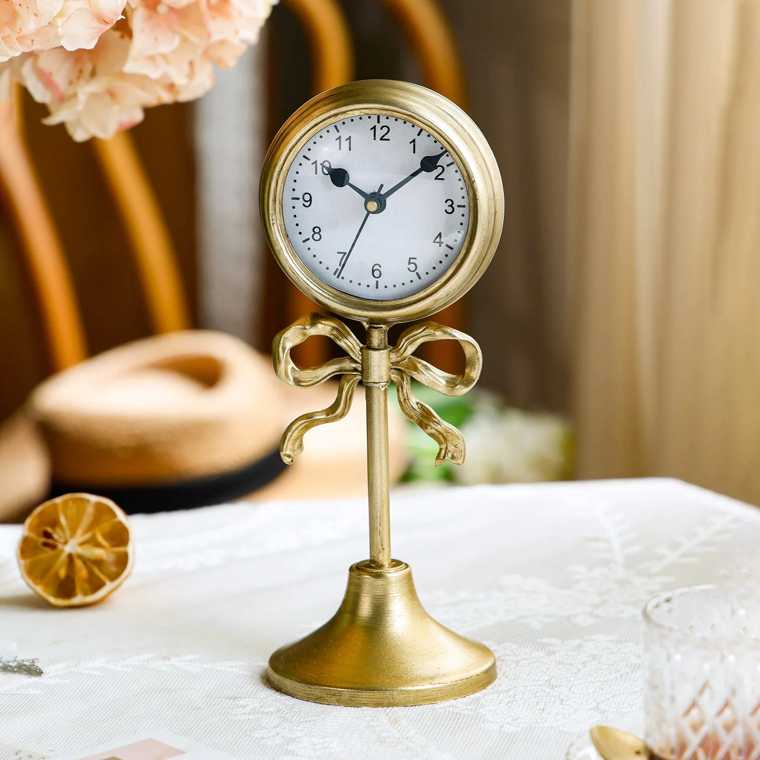 French table clock ornament bow living room home retro light luxury gold seat clock