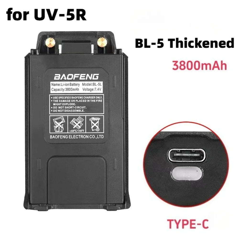 New 3800mAh BL-5 Thickened and Type-c Rechargeable Lithium Battery 7.4V for UV-5R UV-5RE Two Way Radio