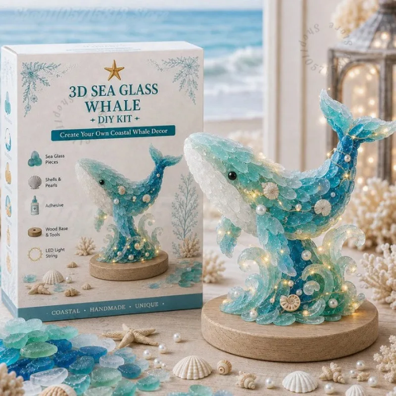 Christmas DIY Sea Glass Craft Kit with LED Light,Make Your Own Coastal Holiday Tabletop Ornament, Complete DIY Art Kit