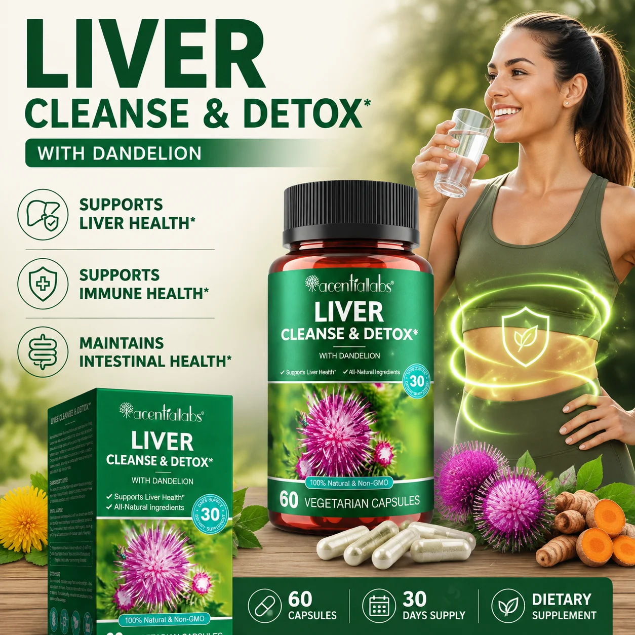 Liver Support Capsules with Milk Thistle, Dandelion & Selenium for Liver & Immune Wellness Support, Adults, 60 Capsules