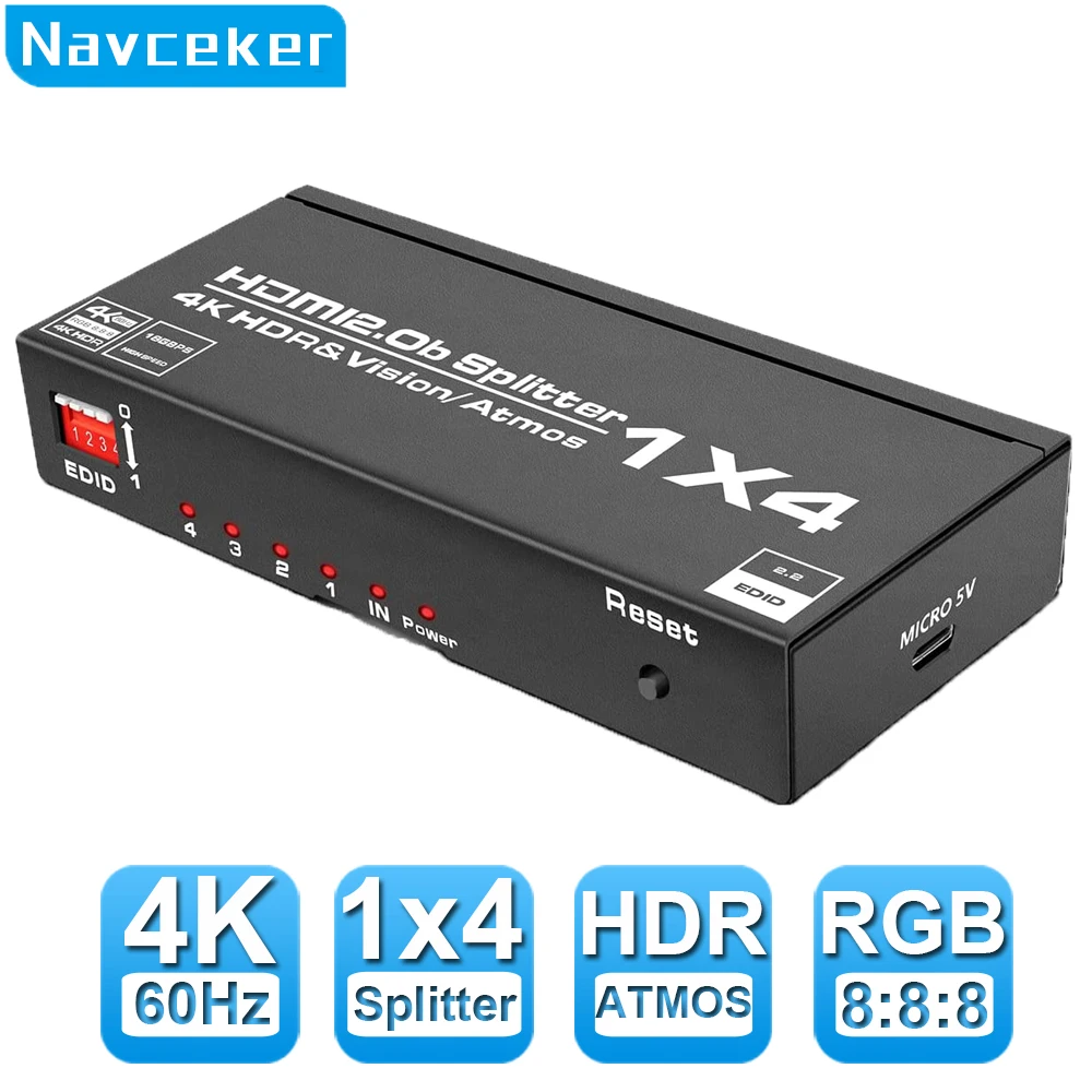 1x4 HDMI-compatible Splitter Converter 4K 60Hz 1 In 4 Out HD 2.0 Splitter Amplifier HDCP 1080P Dual Display for DVD PS4 Xbox