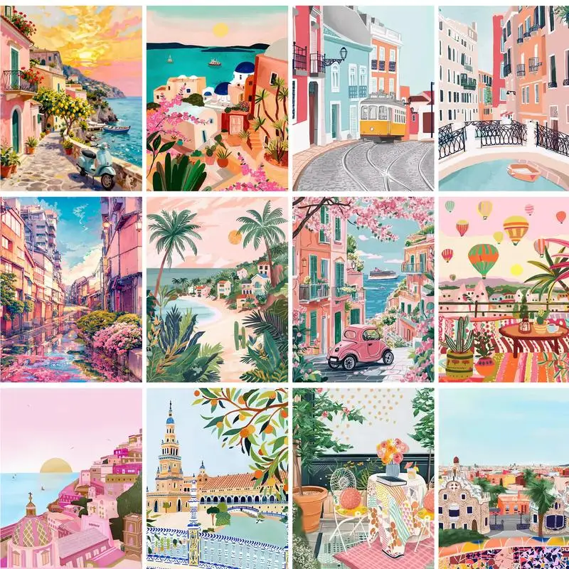 GATYZTORY Town Paint By Numbers Adults Crafts Art Supplies Flower Painting Numbers DIY Paint With Numbers