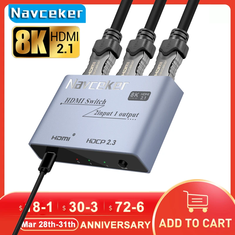 2026 Switcher HDMI 2.1-Compatible 2 in 1 out Ultra 48Gbps 8K@60Hz 4K@120Hz Switch Adapter with Switch Button for HDTV Projector